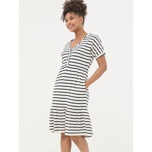 Fatface Ivory Navy Striped Tiered Ruffle V Neck T Shirt Dress Size 16